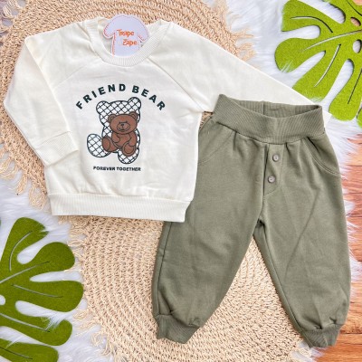 Conj. Casaco Friend Bear e Calça de Moletom - Off White e Verde